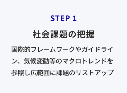 Step1「社会課題の把握」国際的フレームワークやガイドライン、気候変動等のマクロトレンドを参照し広範囲に課題のリストアップ