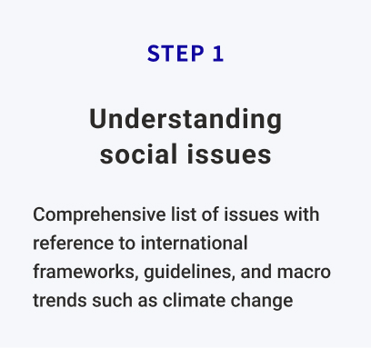 Step1"Understanding social issues"Comprehensive list of issues with reference to international frameworks, guidelines, and macro trends such as climate change